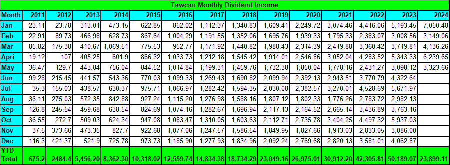 Tawcan dividend income annual summary - May 2024