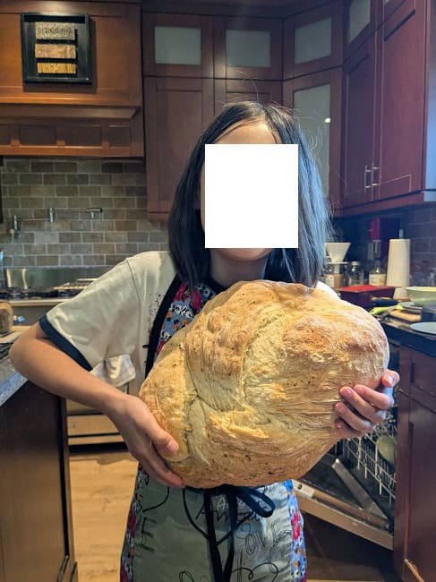 A giant loaf of bread that was very well baked. We told Kid 2.0 it would be better to make smaller loaves.